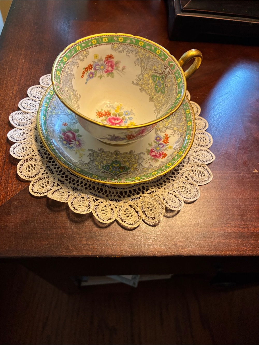 Shelley Floral Tea Cup and Saucer Set - Green and Gold Accent